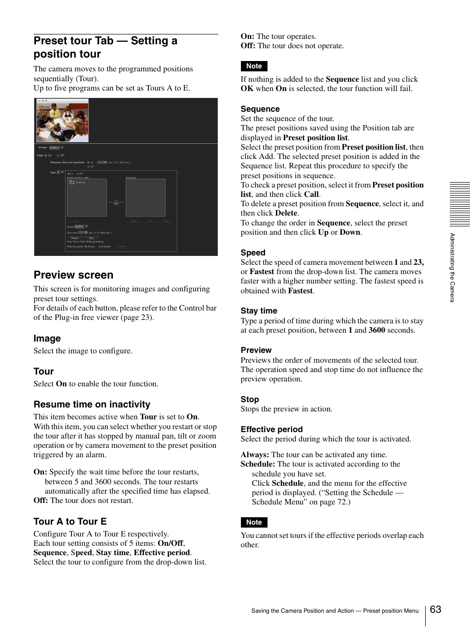 Preset tour tab - setting a position tour, Preset tour tab — setting a position tour, Preview screen | Image, Tour, Resume time on inactivity, Tour a to tour e | Sony SNC-DH210T User Manual | Page 63 / 97