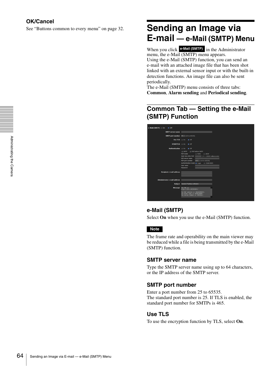 Sending an image via e-mail - e-mail (smtp) menu, Common tab - setting the e-mail (smtp) function, Sending an image via e-mail — e-mail (smtp) menu | Common tab — setting the e-mail (smtp), Function, Sending an image via e-mail, E-mail (smtp) menu, Common tab — setting the e-mail (smtp) function | Sony SNC-DH210T User Manual | Page 64 / 97