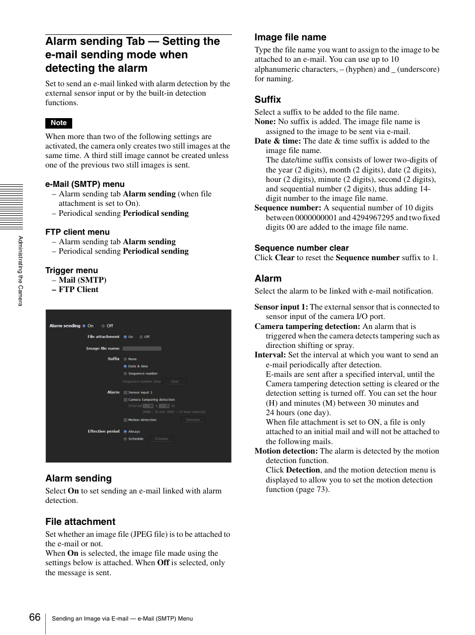 Alarm sending tab — setting the e-mail sending, Mode when detecting the alarm, Alarm sending | File attachment, Image file name, Suffix, Alarm | Sony SNC-DH210T User Manual | Page 66 / 97