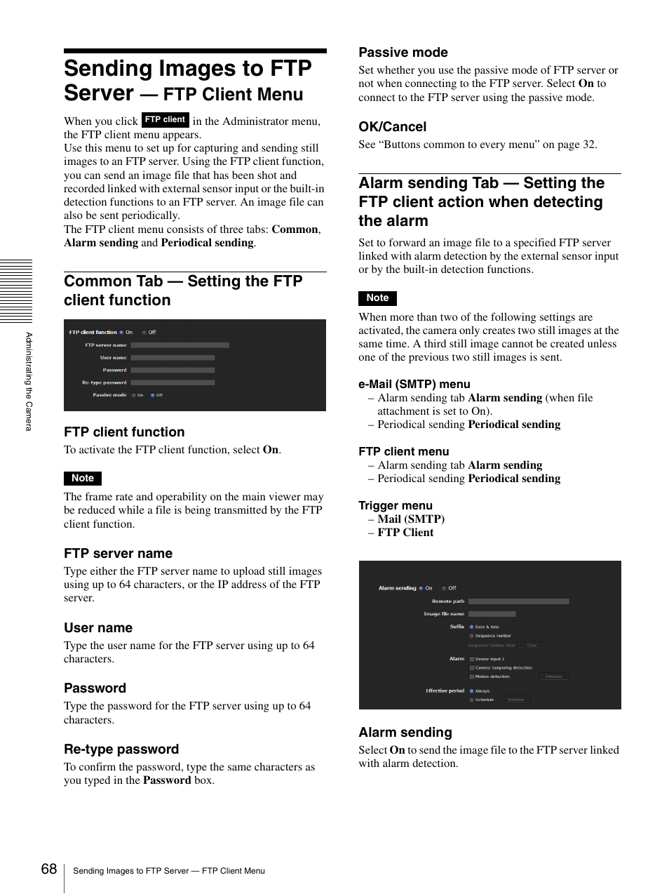 Sending images to ftp server - ftp client menu, Common tab - setting the ftp client function, Sending images to ftp server — ftp client menu | Common tab — setting the ftp client, Function, Alarm sending tab — setting the ftp client, Action when detecting the alarm, Sending images to ftp server, Ftp client menu, Common tab — setting the ftp client function | Sony SNC-DH210T User Manual | Page 68 / 97
