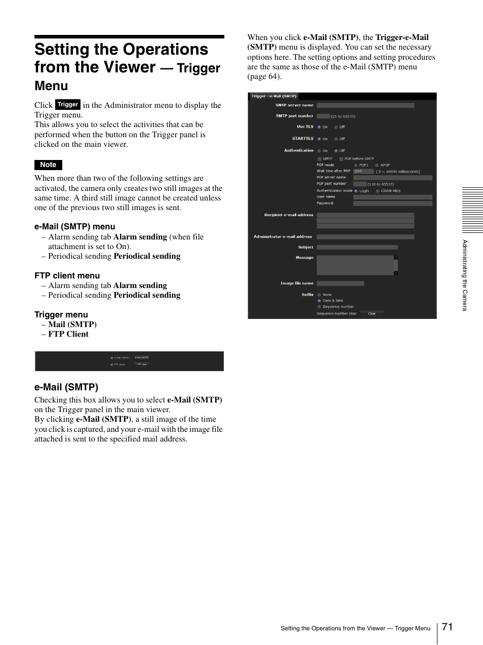 Setting the operations from the viewer, Trigger menu, E-mail (smtp) | Sony SNC-DH210T User Manual | Page 71 / 97