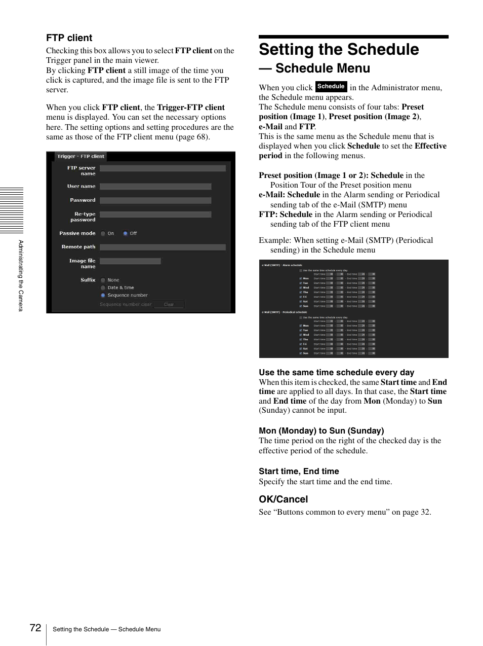 Setting the schedule - schedule menu, Setting the schedule — schedule menu, Setting the schedule | Schedule menu, Ftp client, Ok/cancel | Sony SNC-DH210T User Manual | Page 72 / 97