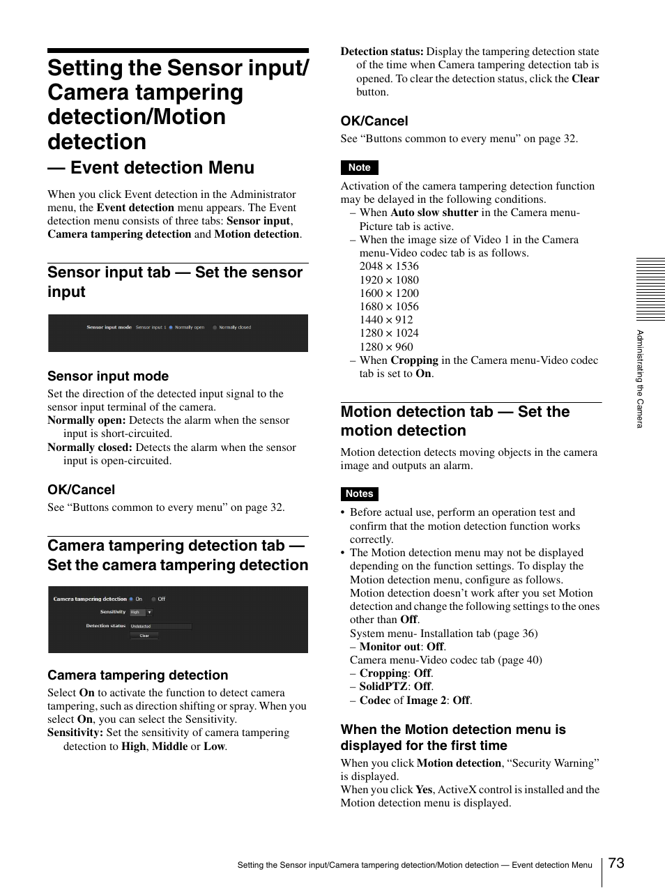 Sensor input tab - set the sensor input, Motion detection tab - set the motion detection, Camera tampering detection | Motion detection tab — set the motion, Detection, Event detection menu, Sensor input tab — set the sensor input, Motion detection tab — set the motion detection | Sony SNC-DH210T User Manual | Page 73 / 97