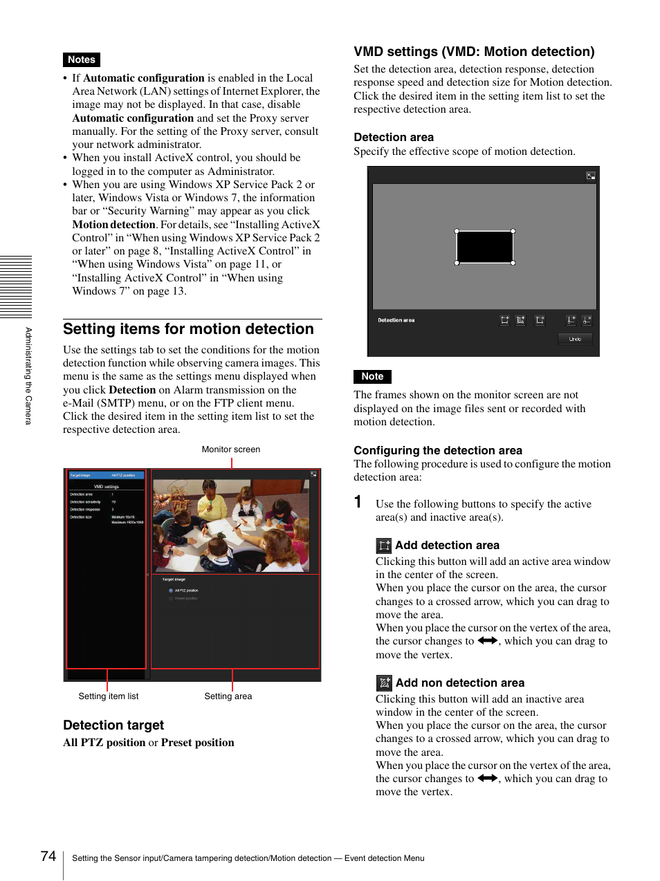 Setting items for motion detection, Detection target, Vmd settings (vmd: motion detection) | Sony SNC-DH210T User Manual | Page 74 / 97