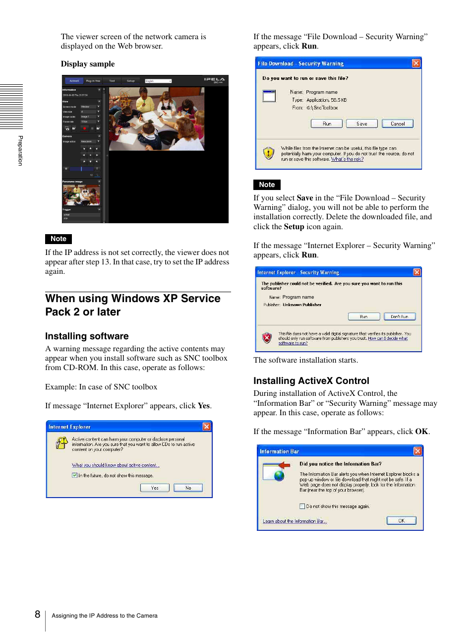 When using windows xp service pack 2 or later, When using windows xp service pack 2 or, Later | Installing software” i, Installing software, Installing activex control | Sony SNC-DH210T User Manual | Page 8 / 97