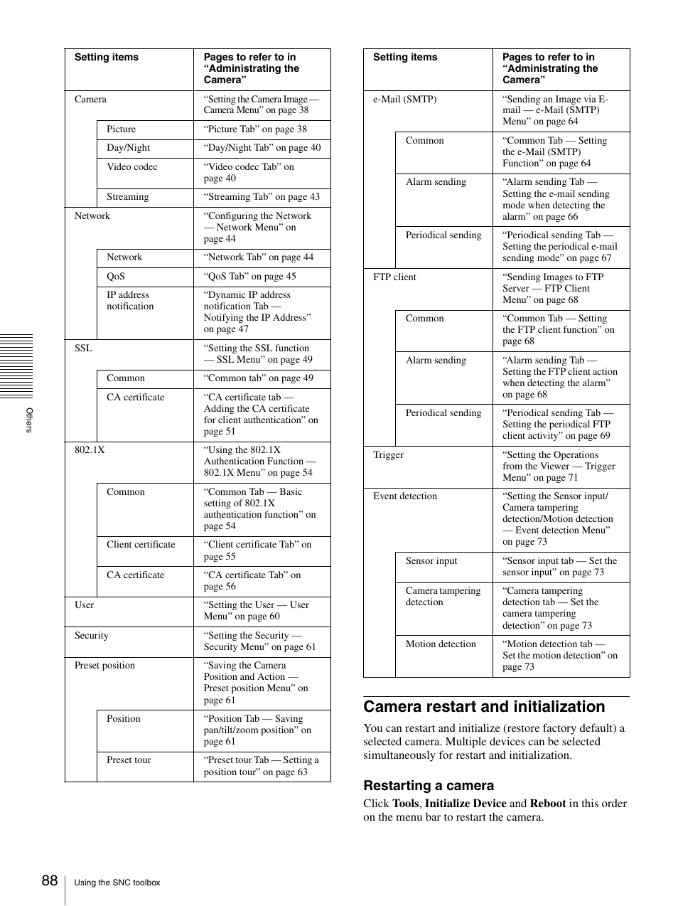 Camera restart and initialization, Restarting a camera | Sony SNC-DH210T User Manual | Page 88 / 97