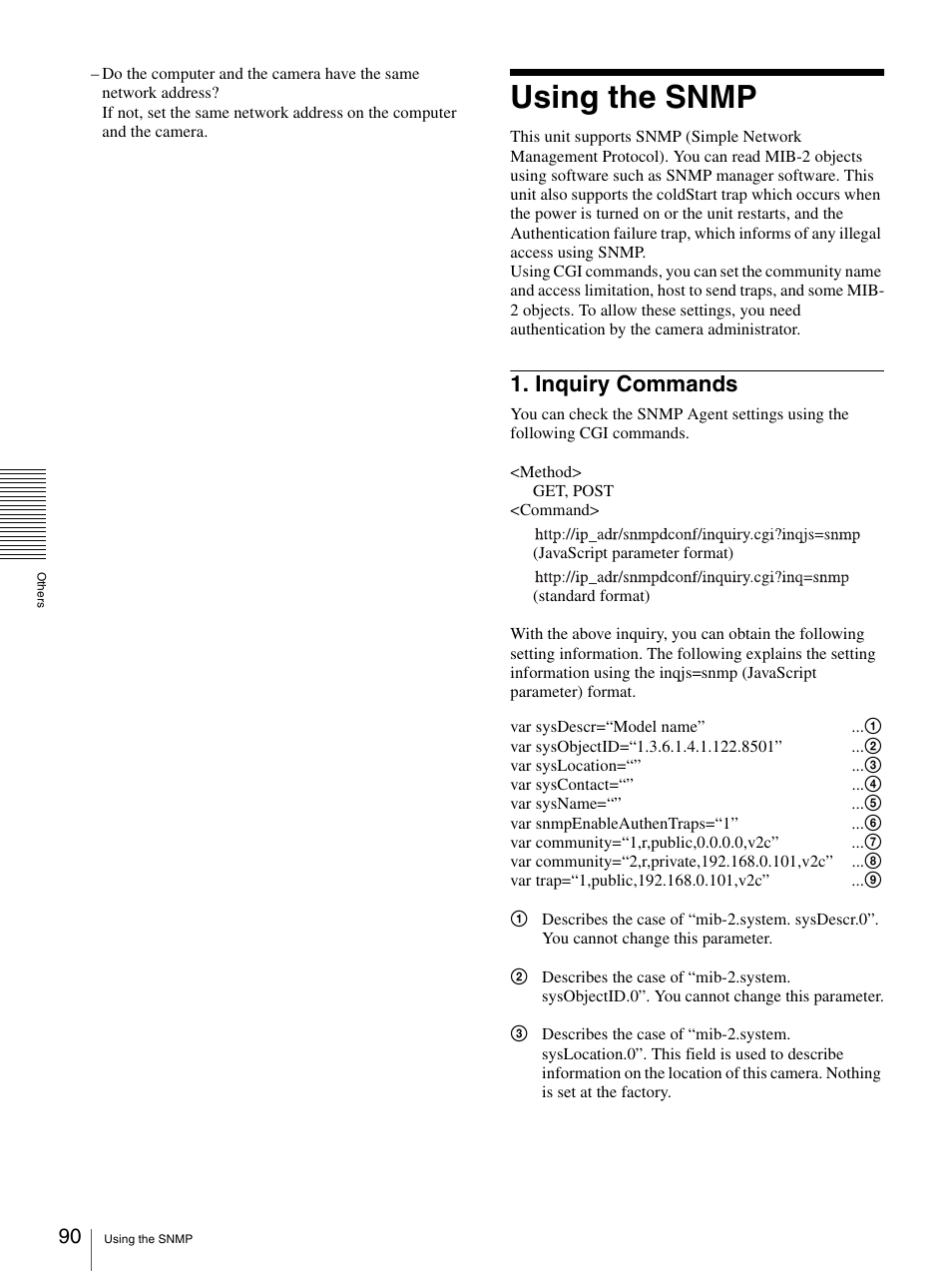 Using the snmp, Inquiry commands | Sony SNC-DH210T User Manual | Page 90 / 97