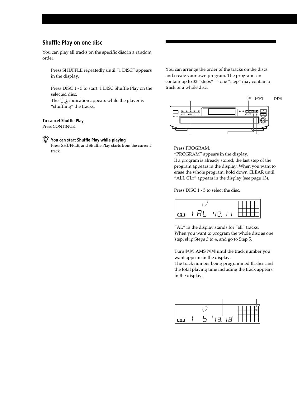 Creating your own program (program play), 1 al, Playing cds | Shuffle play on one disc | Sony CDP-CE245 User Manual | Page 12 / 56