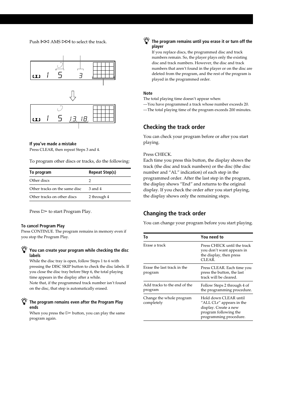 Playing cds, Checking the track order, Changing the track order | Sony CDP-CE245 User Manual | Page 13 / 56