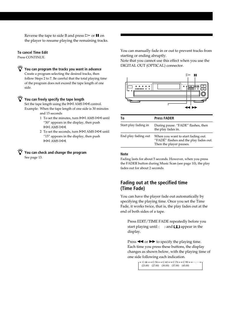 Fading in or out, Recording from cds, Recording from cds 7 | Fading out at the specified time (time fade) | Sony CDP-CE245 User Manual | Page 15 / 56