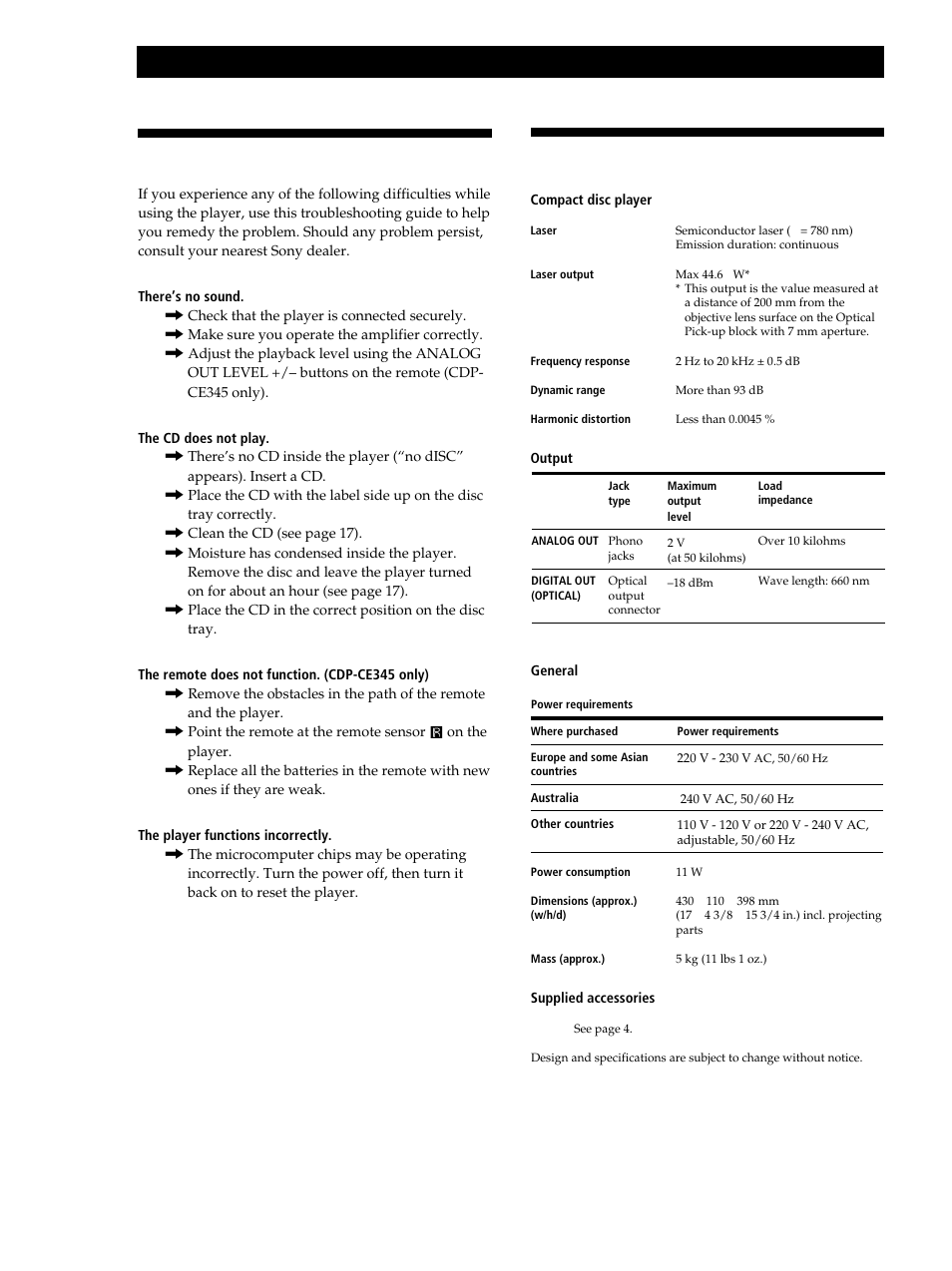 Troubleshooting, Specifications, Additional information | Sony CDP-CE245 User Manual | Page 18 / 56