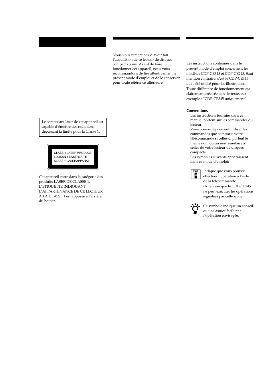 A propos de ce manuel, Bienvenue, Avertissement | Sony CDP-CE245 User Manual | Page 20 / 56