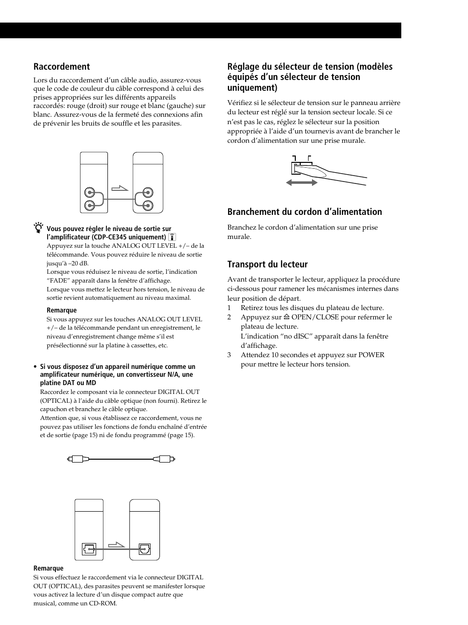 Préparation, Raccordement, Branchement du cordon d’alimentation | Transport du lecteur | Sony CDP-CE245 User Manual | Page 23 / 56