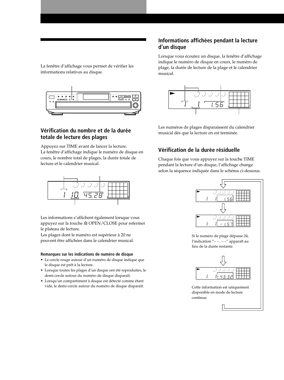 Utilisation de la fenêtre d’affichage, Lecture de disques compacts, Vérification de la durée résiduelle | Sony CDP-CE245 User Manual | Page 26 / 56