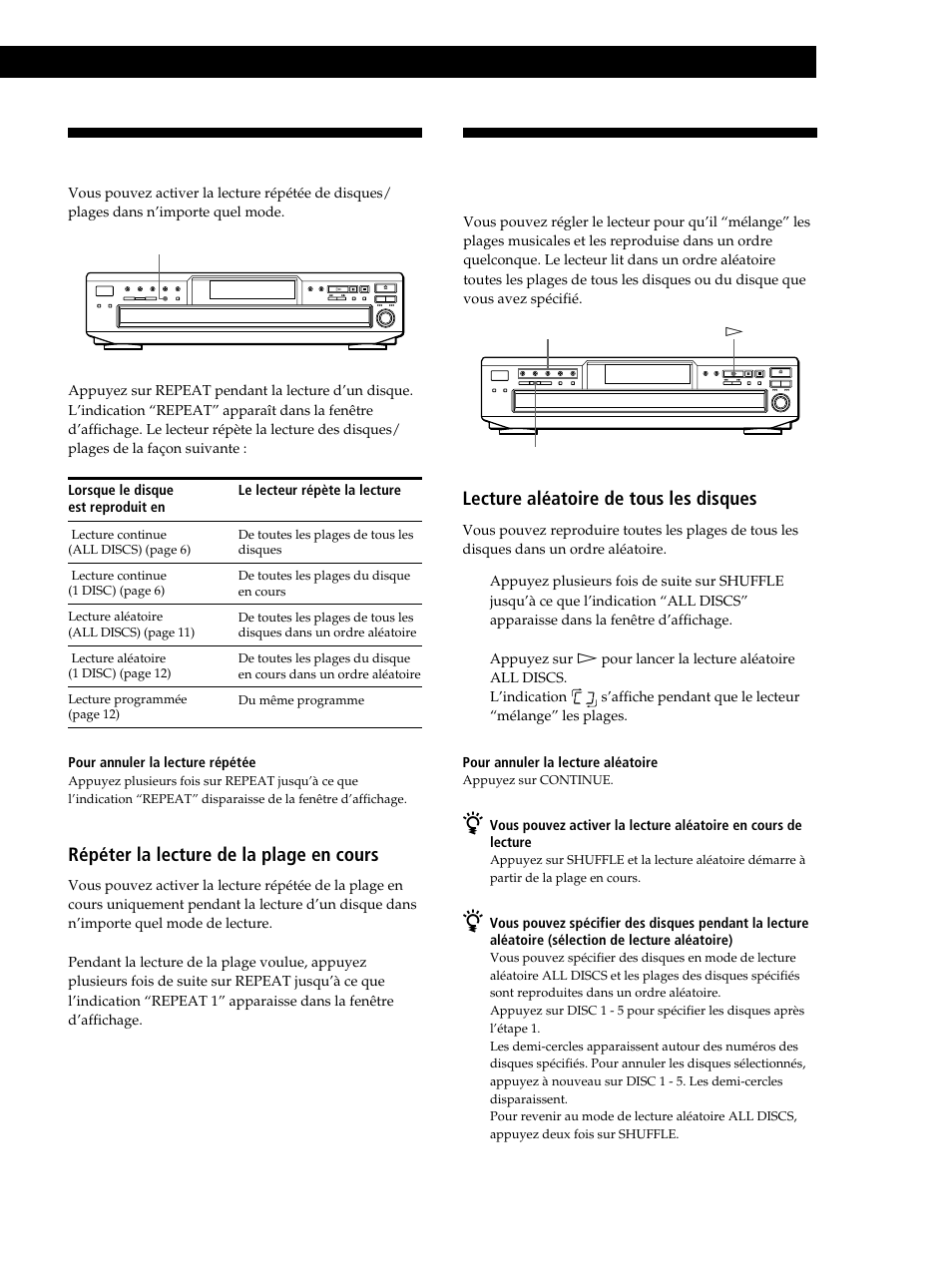 Lecture de plages répétée, Lecture de disques compacts, Répéter la lecture de la plage en cours | Lecture aléatoire de tous les disques | Sony CDP-CE245 User Manual | Page 29 / 56