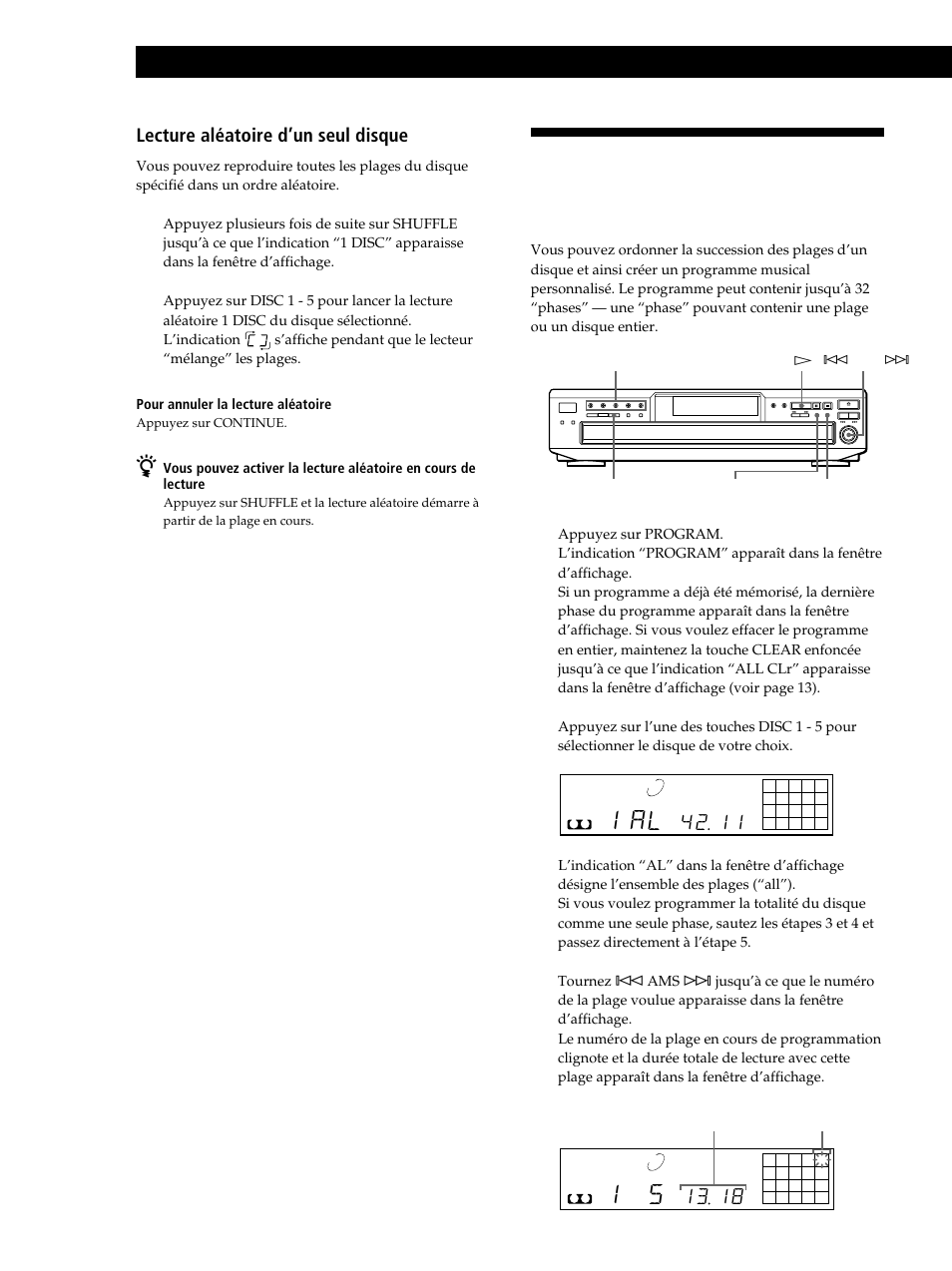 1 al, Lecture de disques compacts, Lecture aléatoire d’un seul disque | Sony CDP-CE245 User Manual | Page 30 / 56