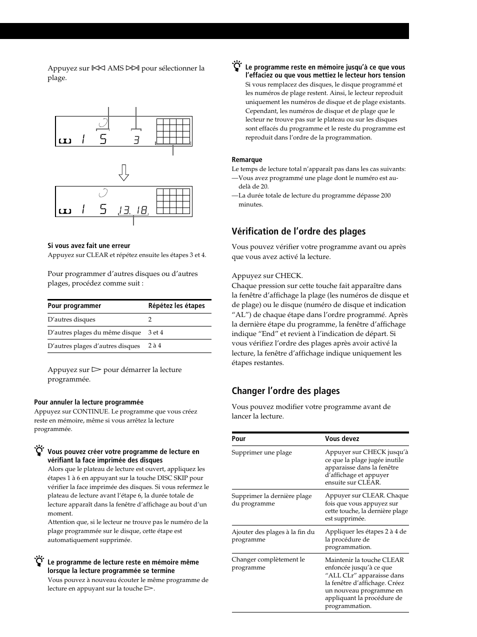 Lecture de disques compacts, 1 3 1 8 z, Vérification de l’ordre des plages | Changer l’ordre des plages | Sony CDP-CE245 User Manual | Page 31 / 56