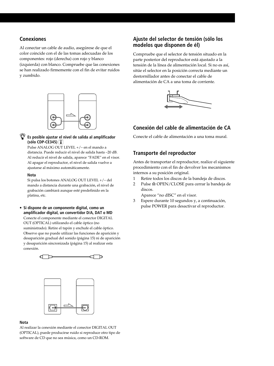 Procedimientos iniciales, Conexiones, Conexión del cable de alimentación de ca | Transporte del reproductor | Sony CDP-CE245 User Manual | Page 41 / 56