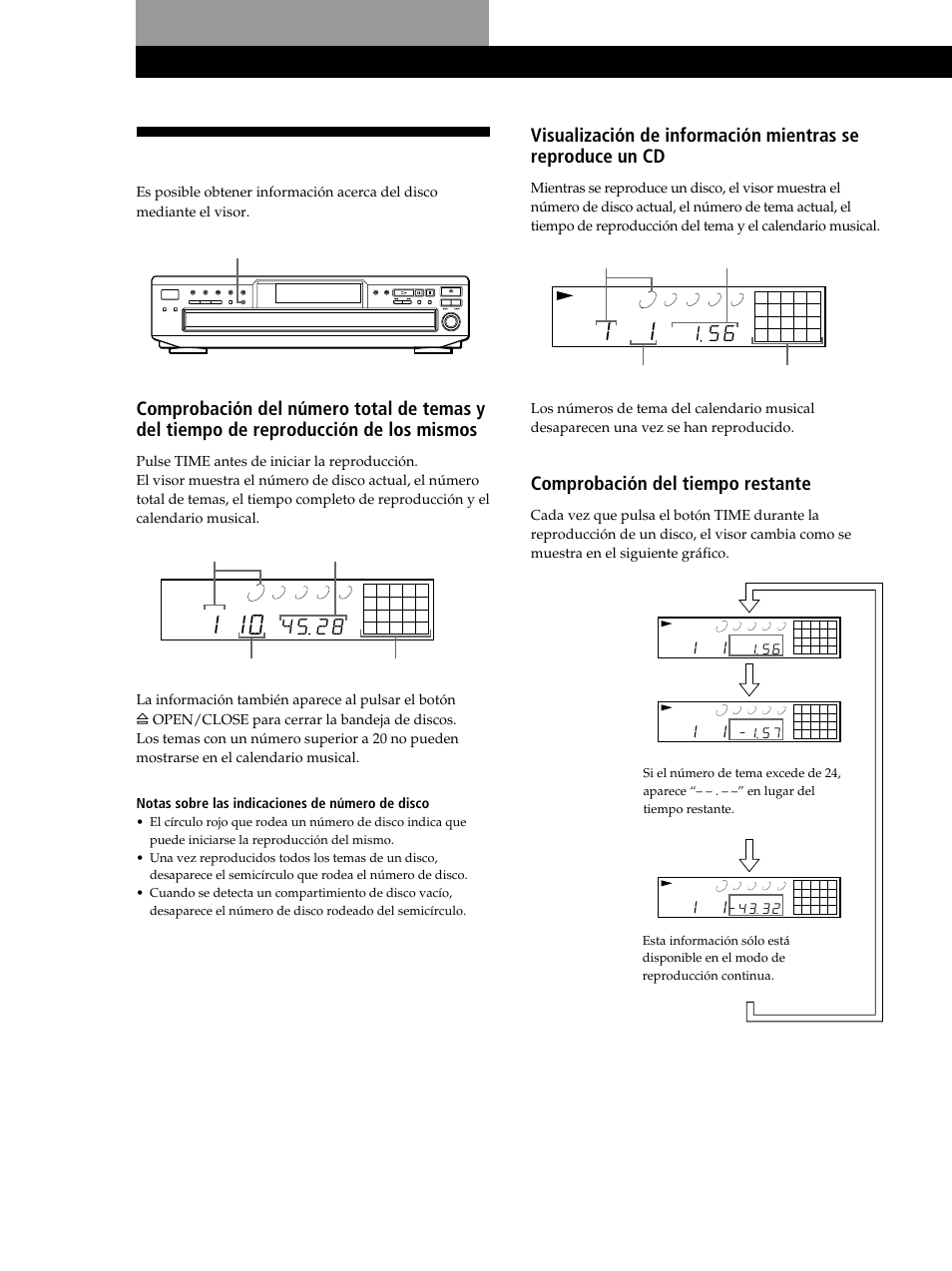 Uso del visor, Reproducción de discos compactos, Comprobación del tiempo restante | Sony CDP-CE245 User Manual | Page 44 / 56