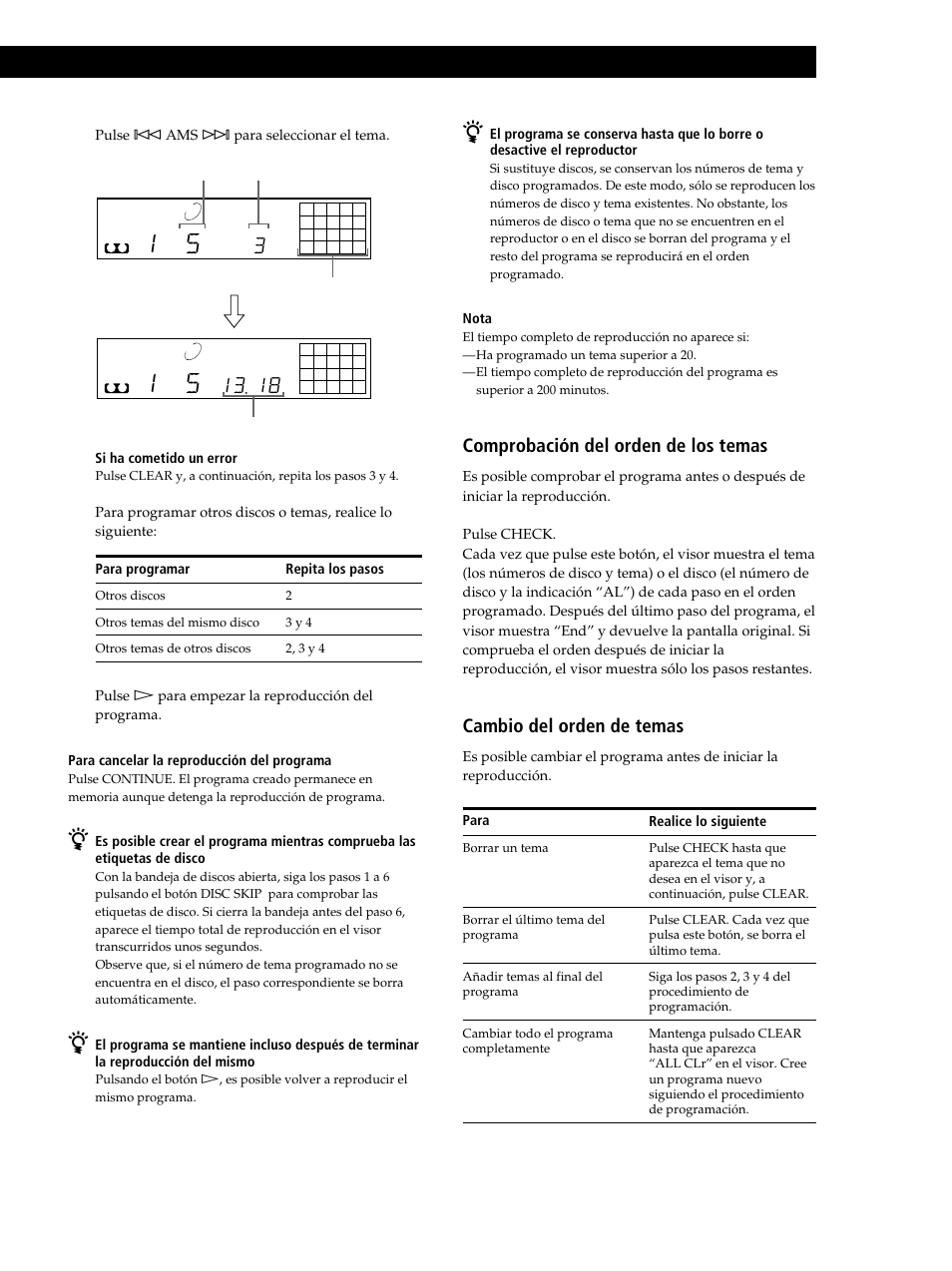 Reproducción de discos compactos, Comprobación del orden de los temas, Cambio del orden de temas | Sony CDP-CE245 User Manual | Page 49 / 56