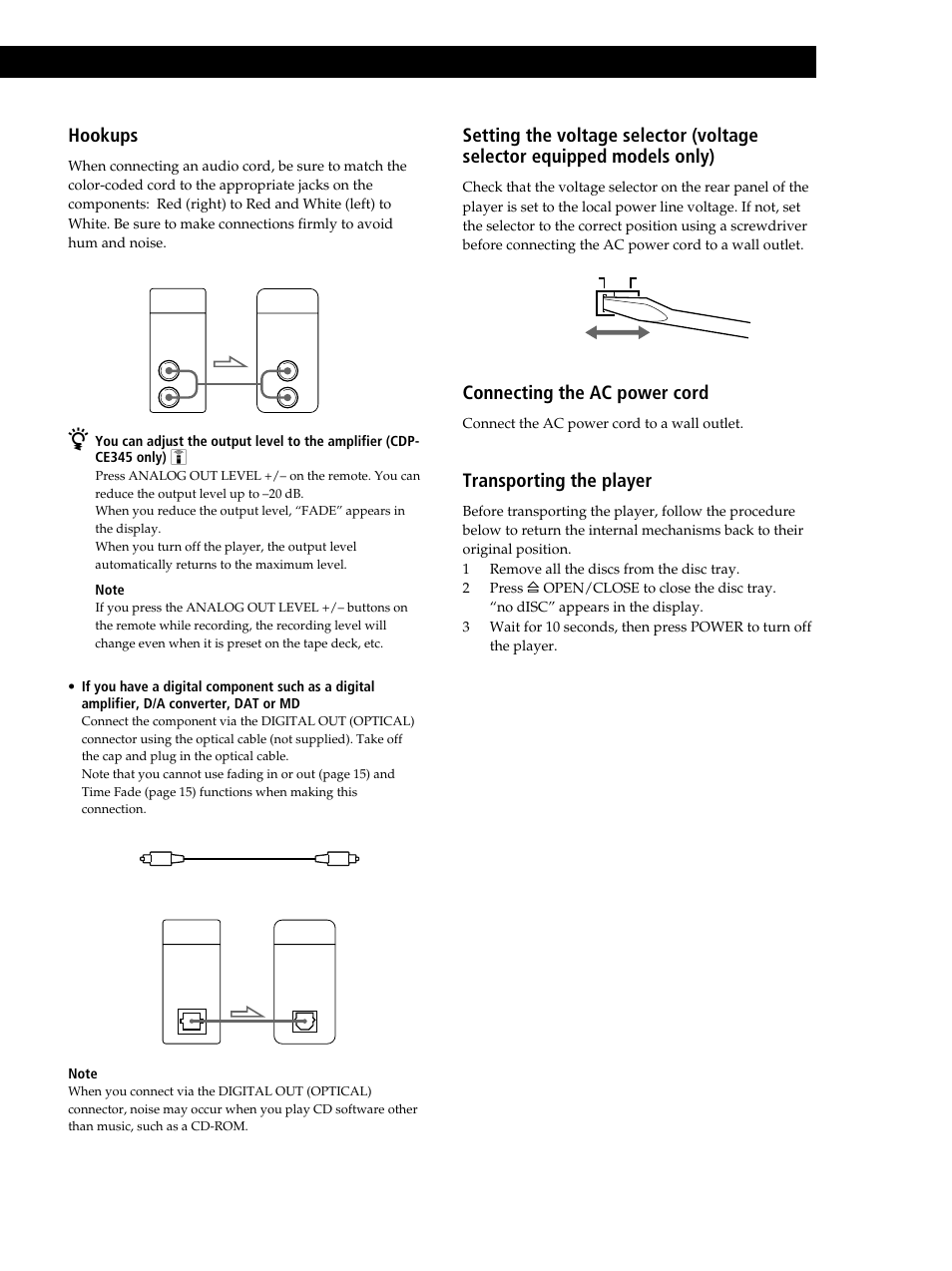 Getting started, Hookups, Connecting the ac power cord | Transporting the player | Sony CDP-CE245 User Manual | Page 5 / 56