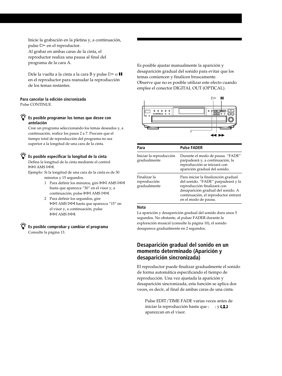 Aparición y desaparición gradual del sonido, Grabación a partir de discos compactos | Sony CDP-CE245 User Manual | Page 51 / 56