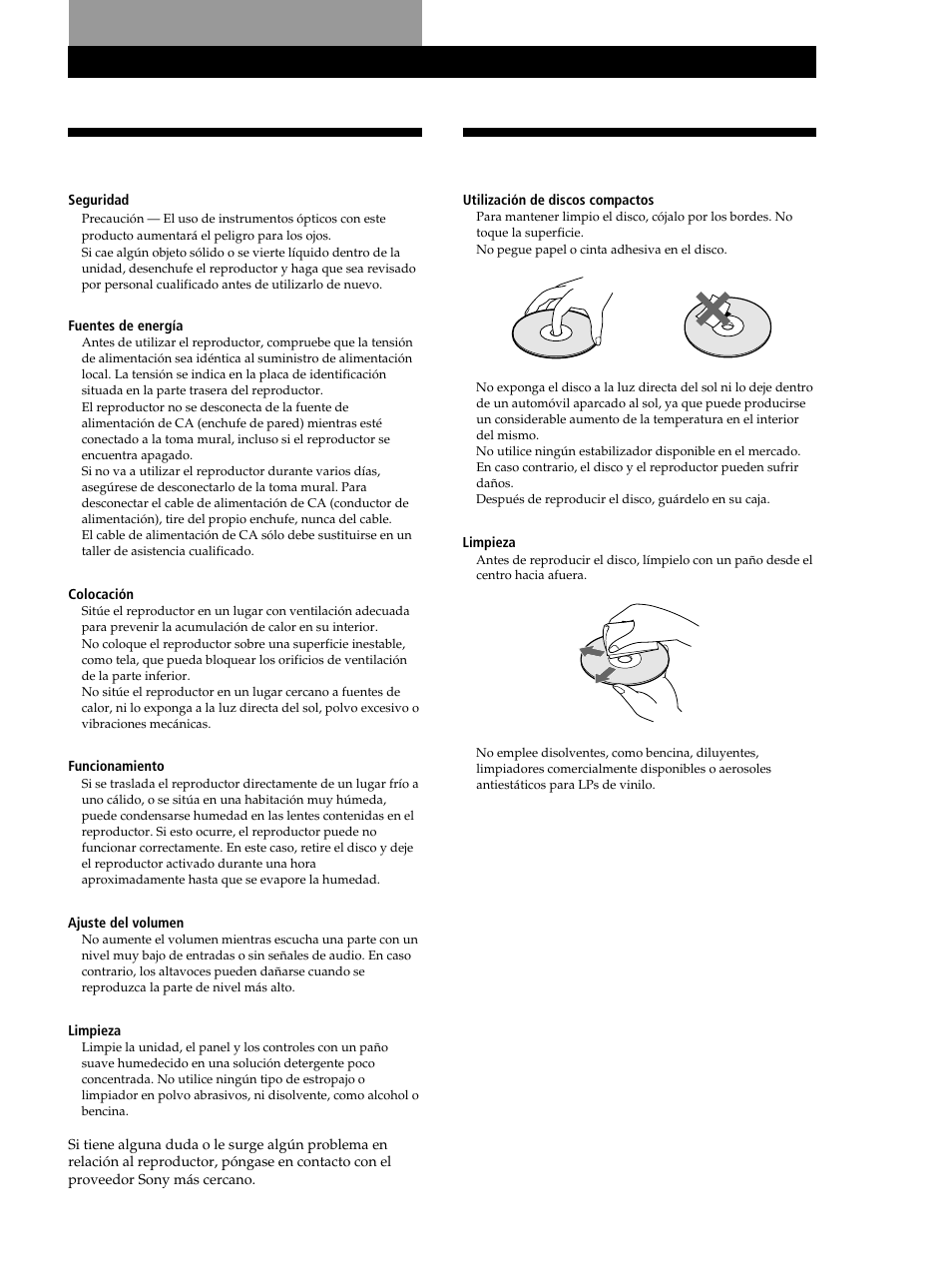 Notas sobre discos compactos, Precauciones, Información adicional | Sony CDP-CE245 User Manual | Page 53 / 56