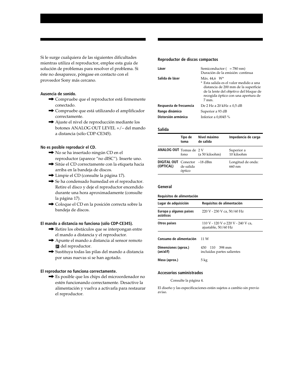 Solución de problemas, Especificaciones, Información adicional | Sony CDP-CE245 User Manual | Page 54 / 56