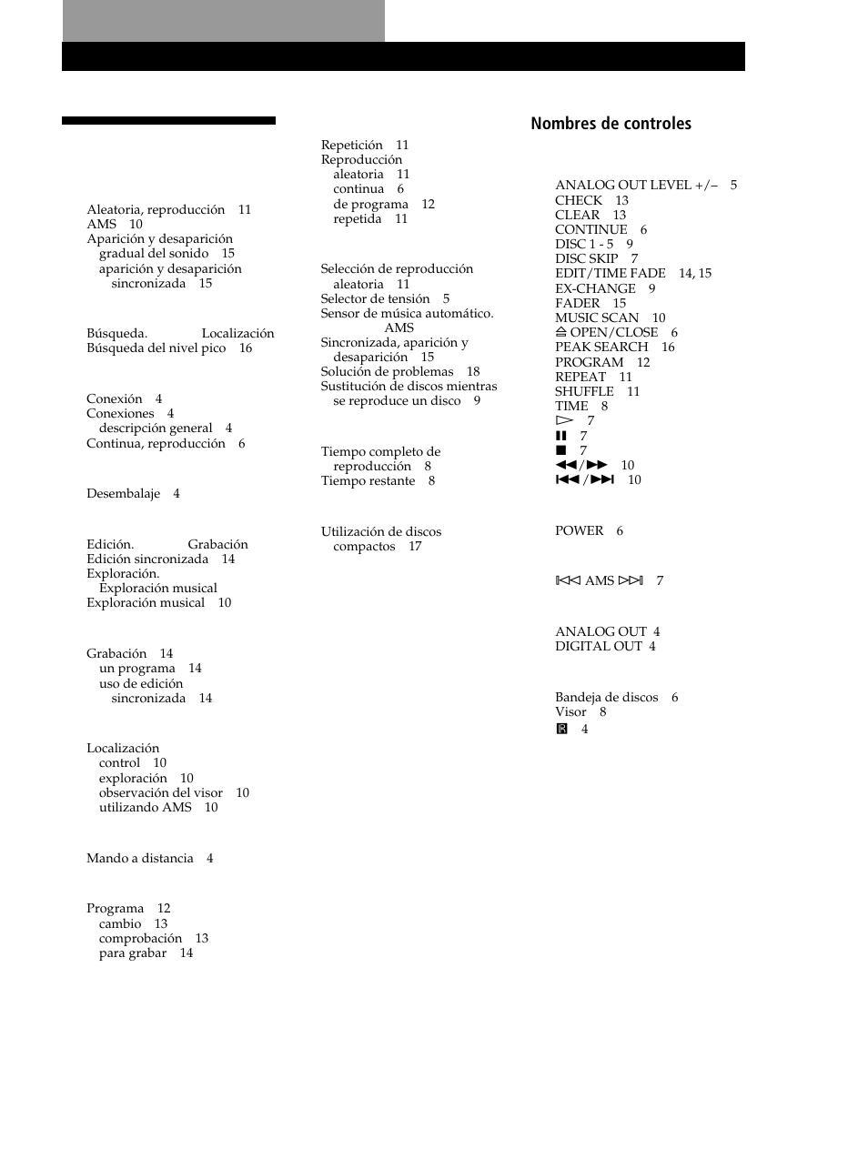 Indice alfabético | Sony CDP-CE245 User Manual | Page 55 / 56