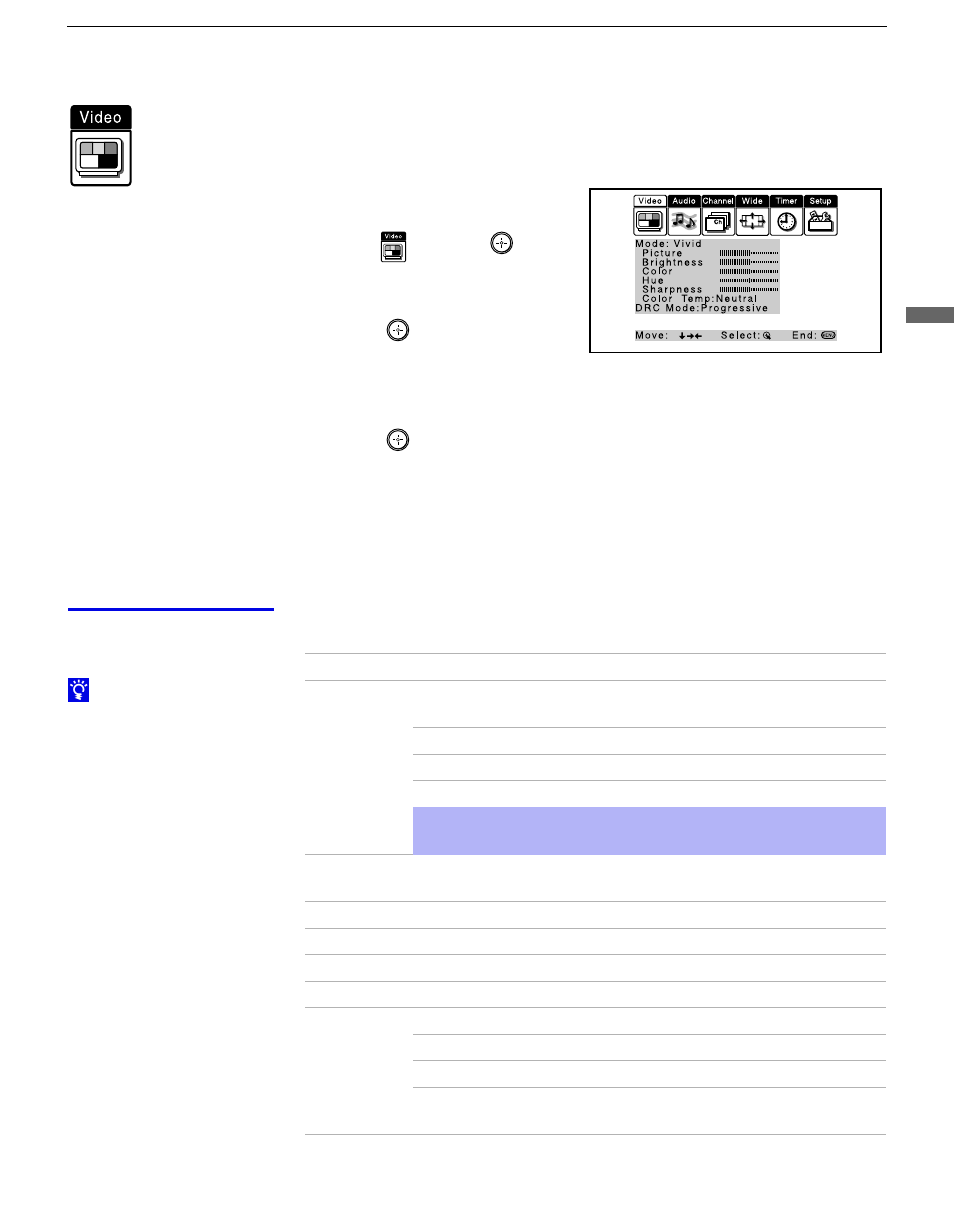 Using the video menu, Selecting video options, Using the video menu” on | Ils, see, Mode | Sony KP 57HW40 User Manual | Page 49 / 83