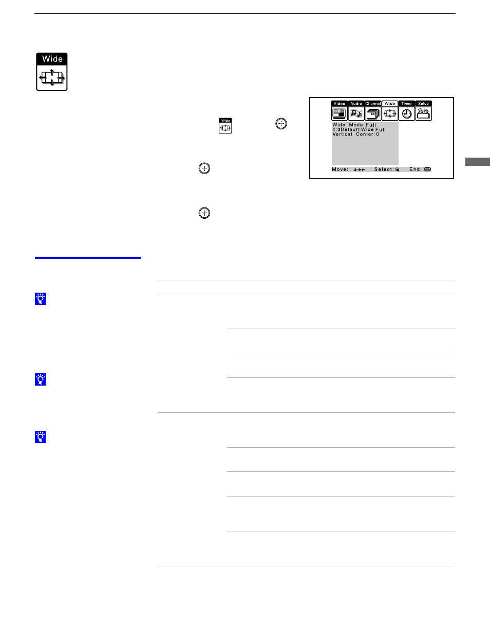 Using the wide menu, Selecting wide options | Sony KP 57HW40 User Manual | Page 55 / 83