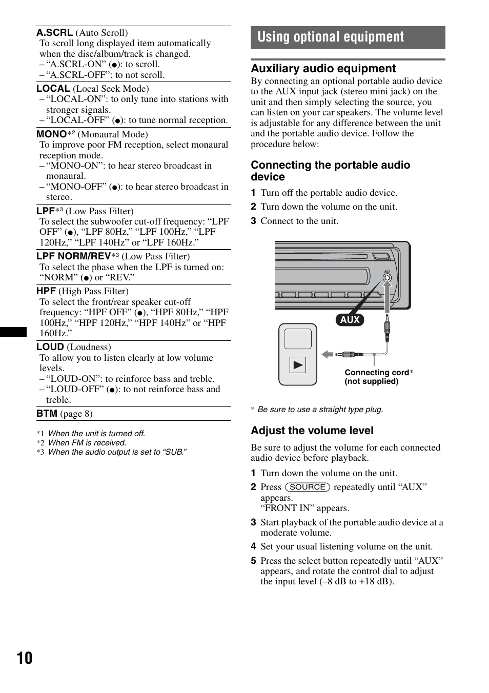 Using optional equipment, Auxiliary audio equipment | Sony CDX-GT330 User Manual | Page 10 / 56