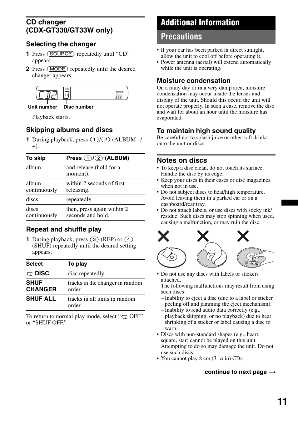 Cd changer (cdx-gt330/gt33w only), Additional information, Precautions | Notes on discs, Additional information precautions | Sony CDX-GT330 User Manual | Page 11 / 56