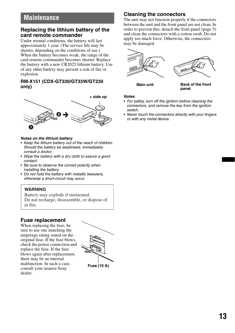 Maintenance | Sony CDX-GT330 User Manual | Page 13 / 56