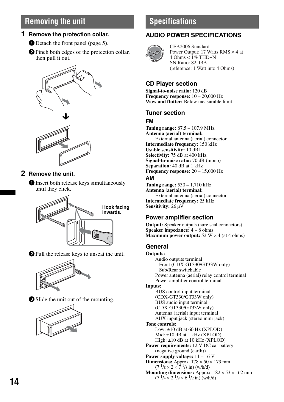 Removing the unit, Specifications, Removing the unit specifications | Sony CDX-GT330 User Manual | Page 14 / 56