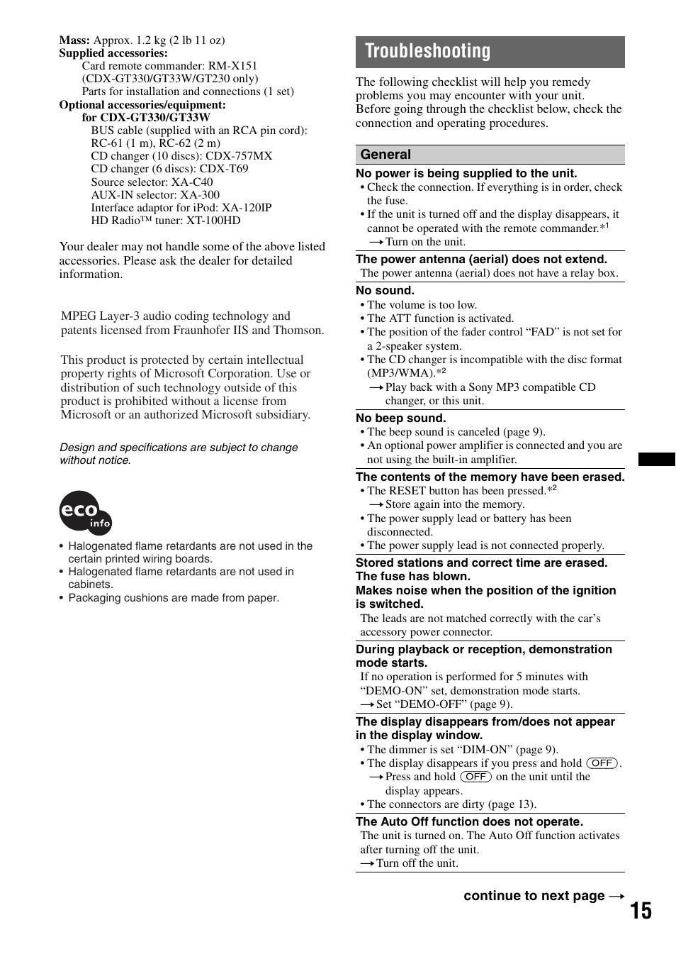 Troubleshooting | Sony CDX-GT330 User Manual | Page 15 / 56