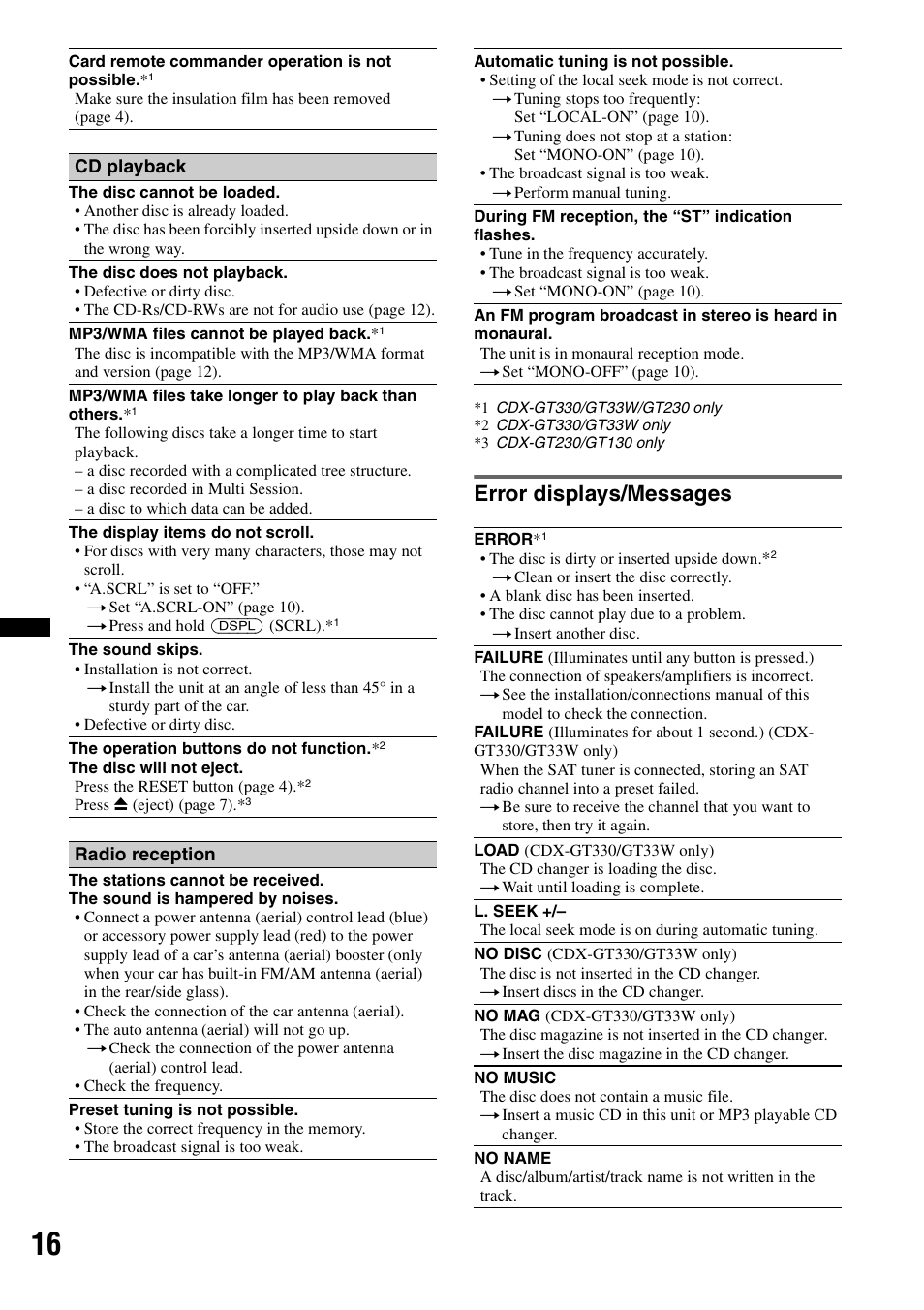 Error displays/messages | Sony CDX-GT330 User Manual | Page 16 / 56