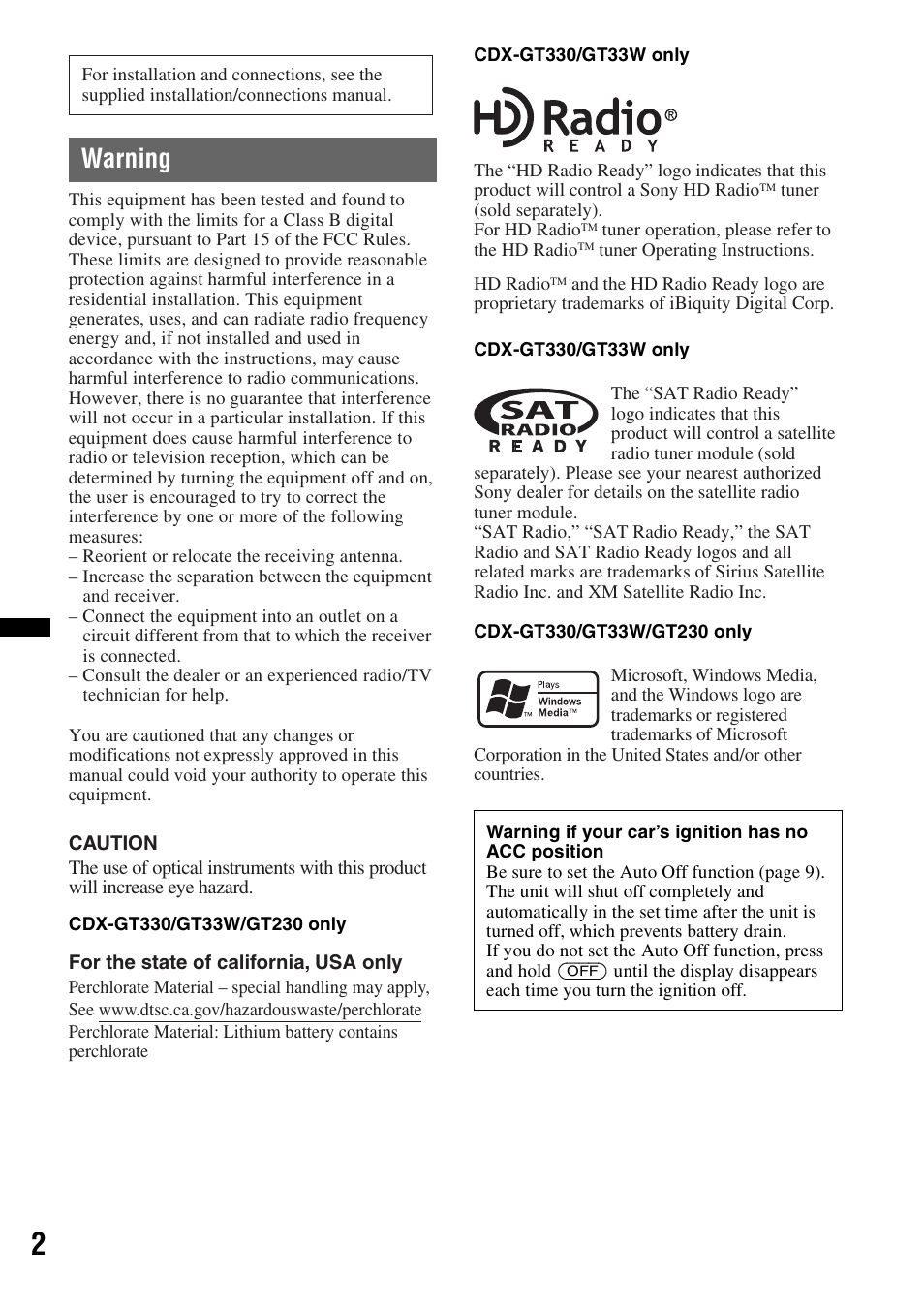 Warning | Sony CDX-GT330 User Manual | Page 2 / 56