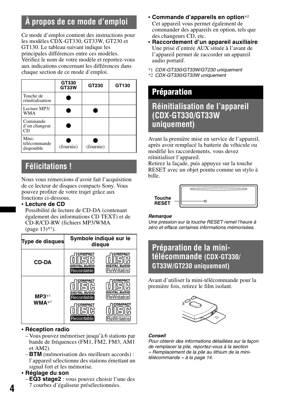 À propos de ce mode d’emploi, Félicitations, Préparation | À propos de ce mode d’emploi félicitations, Préparation de la mini- télécommande | Sony CDX-GT330 User Manual | Page 20 / 56