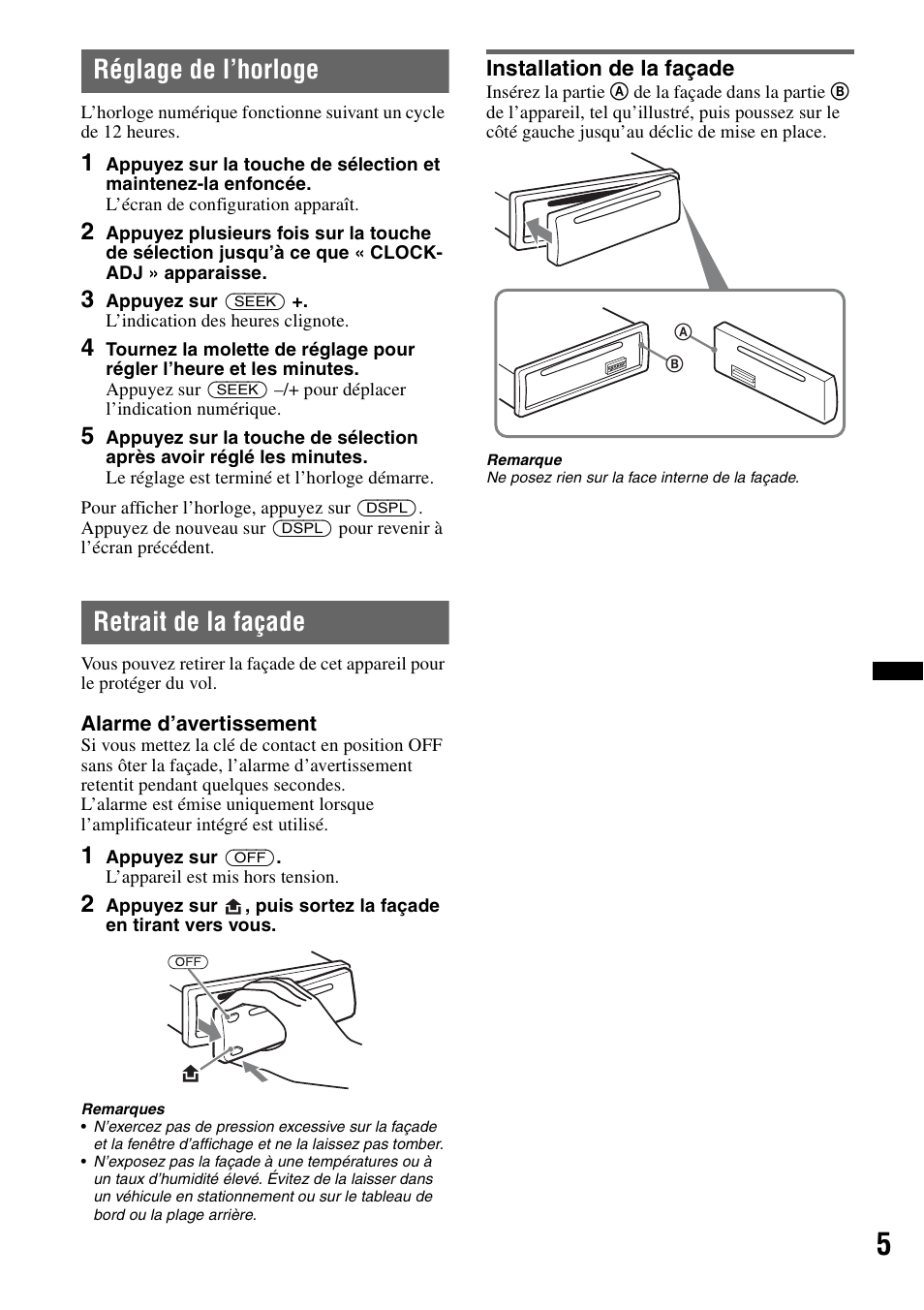 Réglage de l’horloge, Retrait de la façade, Installation de la façade | Réglage de l’horloge retrait de la façade | Sony CDX-GT330 User Manual | Page 21 / 56