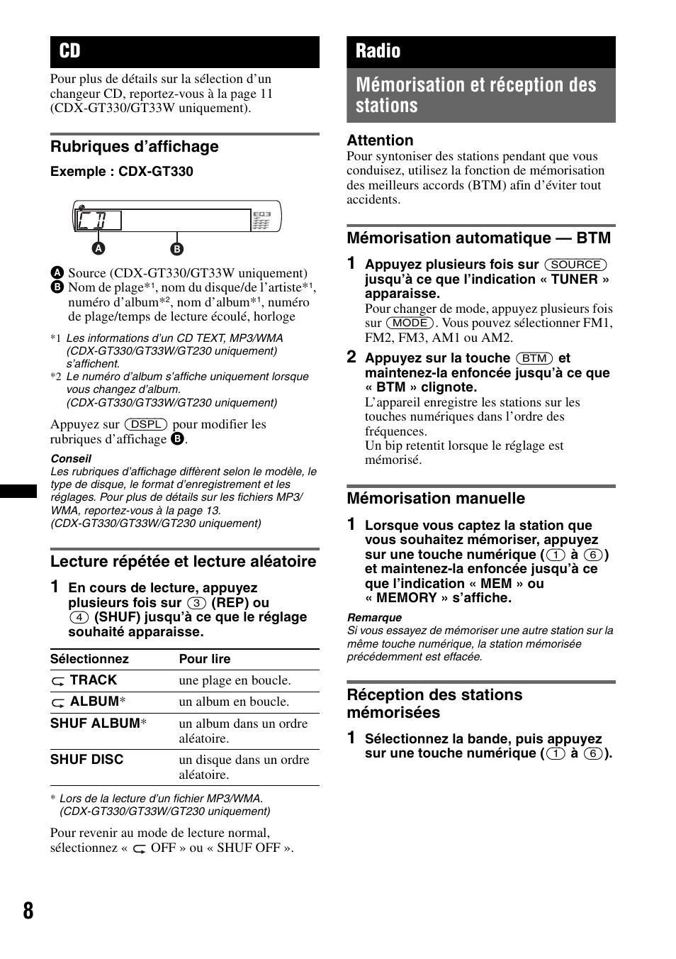 Rubriques d’affichage, Lecture répétée et lecture aléatoire, Radio | Mémorisation et réception des stations, Mémorisation automatique - btm, Mémorisation manuelle, Réception des stations mémorisées, Radio mémorisation et réception des stations | Sony CDX-GT330 User Manual | Page 24 / 56