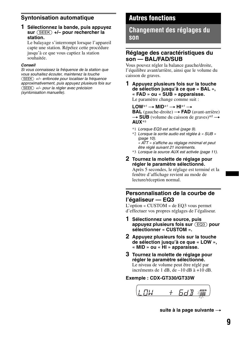 Syntonisation automatique, Autres fonctions, Changement des réglages du son | Réglage des caractéristiques du son - bal/fad/sub, Personnalisation de la courbe de l’égaliseur - eq3, Autres fonctions changement des réglages du son | Sony CDX-GT330 User Manual | Page 25 / 56