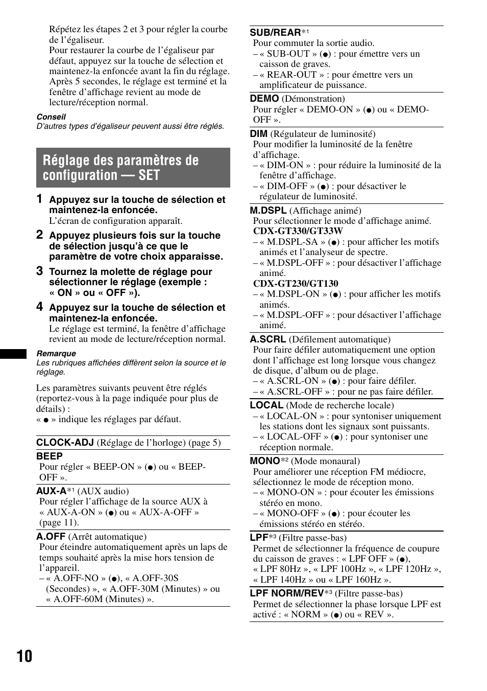 Réglage des paramètres de configuration - set, Réglage des paramètres de configuration — set | Sony CDX-GT330 User Manual | Page 26 / 56