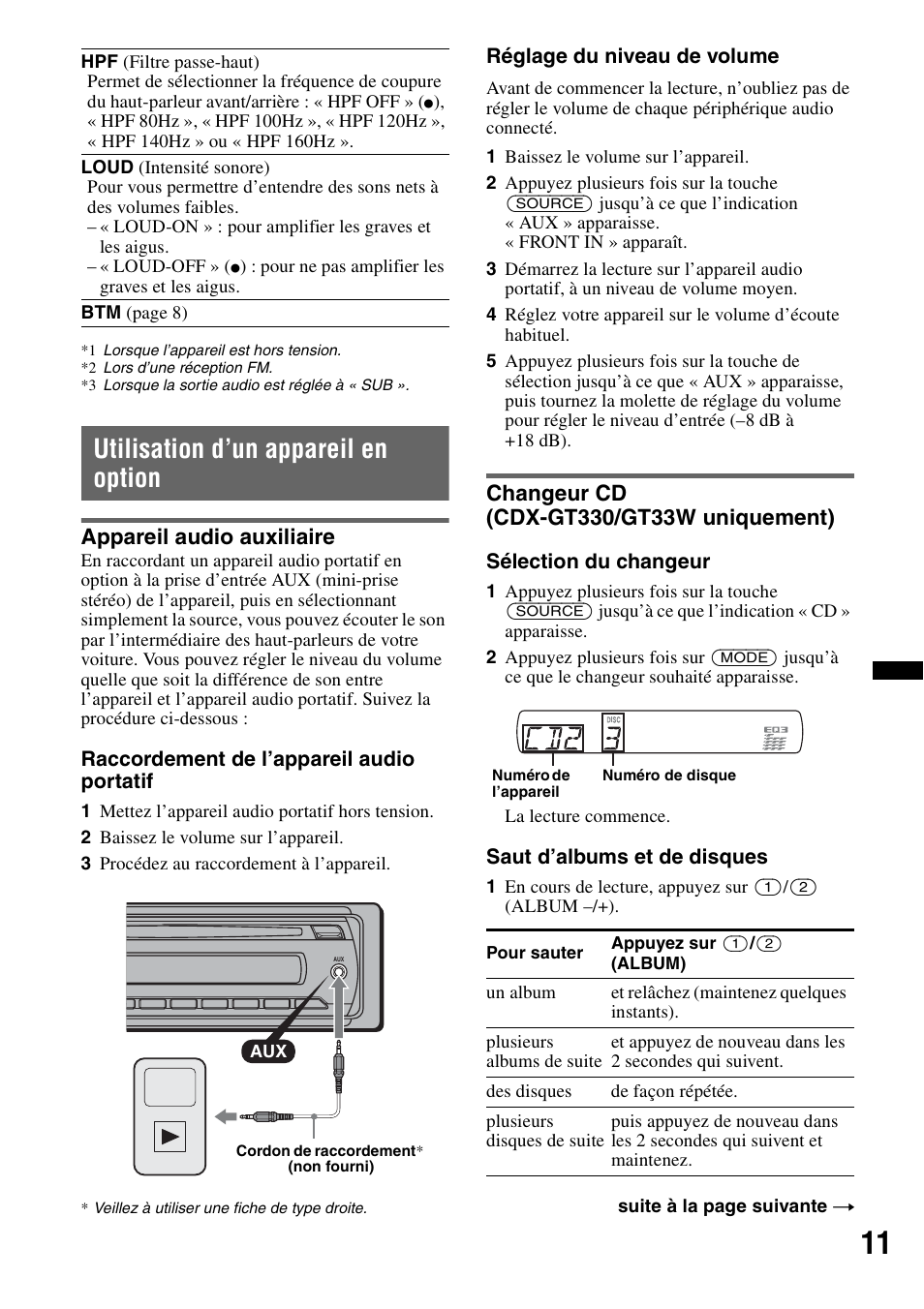 Utilisation d’un appareil en option, Appareil audio auxiliaire, Changeur cd (cdx-gt330/gt33w uniquement) | Sony CDX-GT330 User Manual | Page 27 / 56