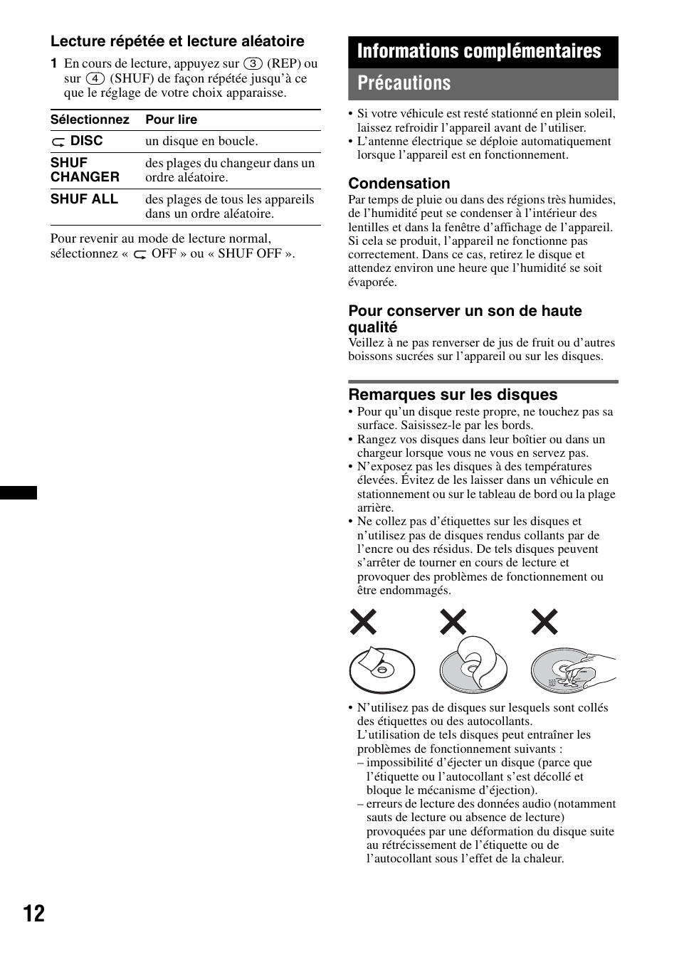 Informations complémentaires, Précautions, Remarques sur les disques | Informations complémentaires précautions | Sony CDX-GT330 User Manual | Page 28 / 56