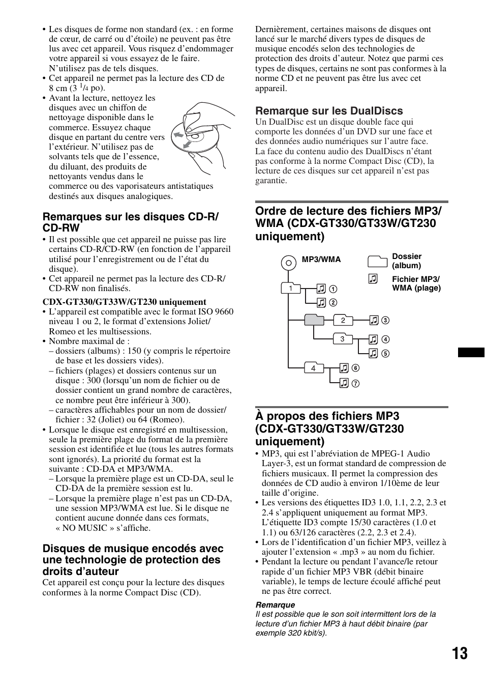 Remarques sur les disques cd-r/ cd-rw, Remarque sur les dualdiscs | Sony CDX-GT330 User Manual | Page 29 / 56