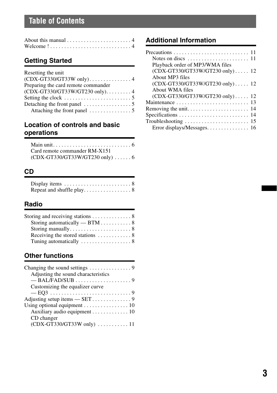 Sony CDX-GT330 User Manual | Page 3 / 56