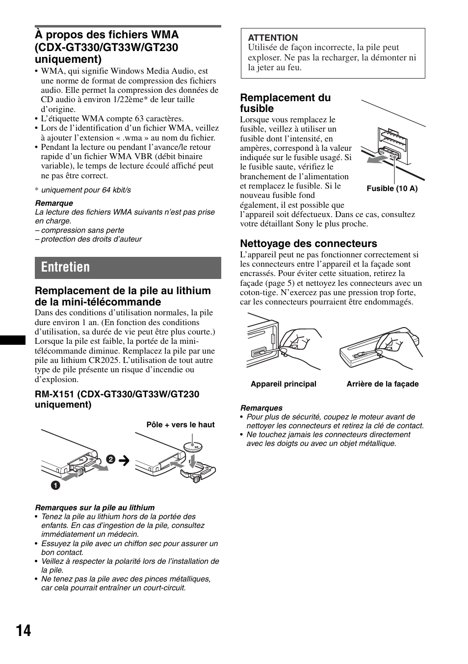 Entretien | Sony CDX-GT330 User Manual | Page 30 / 56