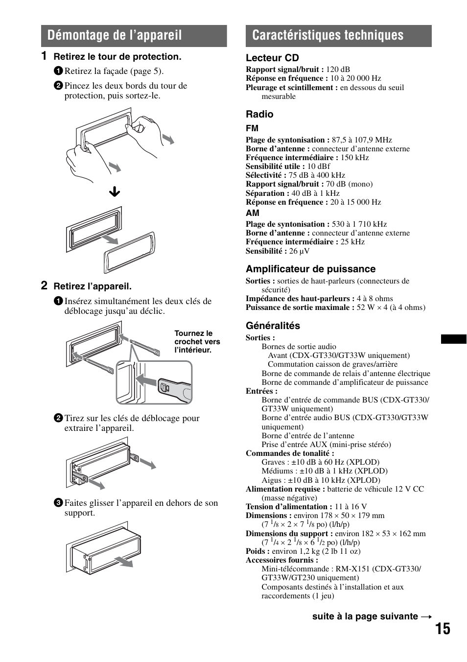 Démontage de l’appareil, Caractéristiques techniques | Sony CDX-GT330 User Manual | Page 31 / 56