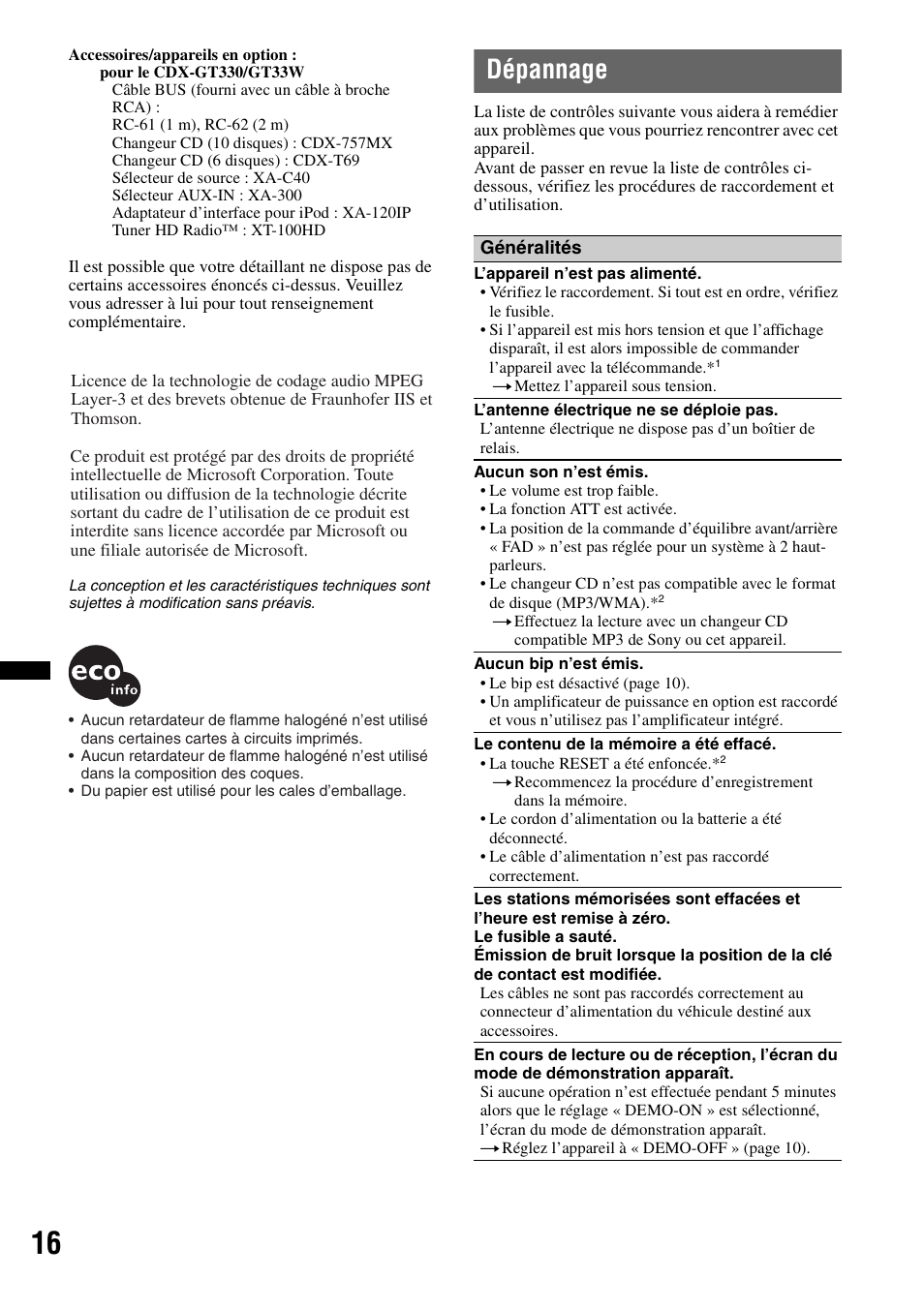 Dépannage | Sony CDX-GT330 User Manual | Page 32 / 56